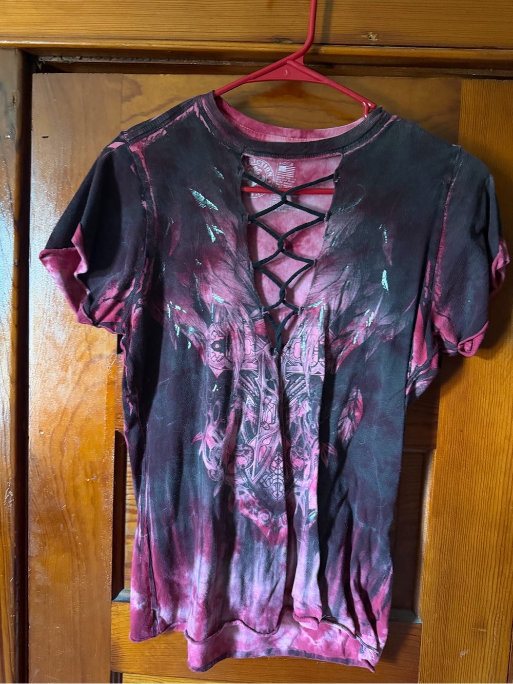 Affliction Pink & Black Lace-Up Graphic Short Sleeve Tee